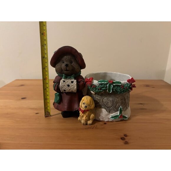 Vintage Christmas Bear Figurine & Holiday Planter – Woodland Caroler with Dog - Picture 3 of 4